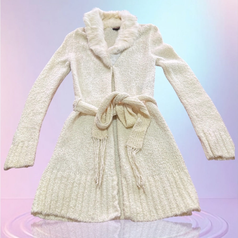 XOXO Cardigan with Rabbit Fur Collar Women's Size LP Cream
